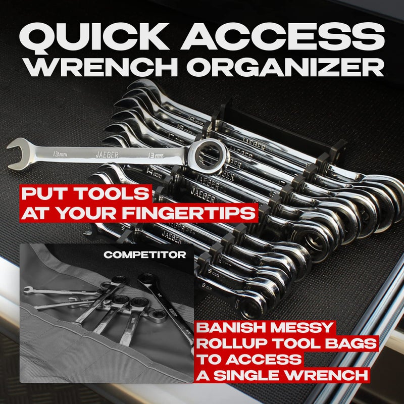 Jaeger 12pc MM/Metric TIGHTSPOT Ratcheting Wrenches - With Quick Access Wrench Organizer - Our standard in combination wrench sets from gear to tip - Image 2